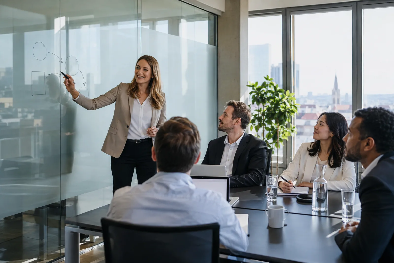 Strategy session with a market map and priorities on a table